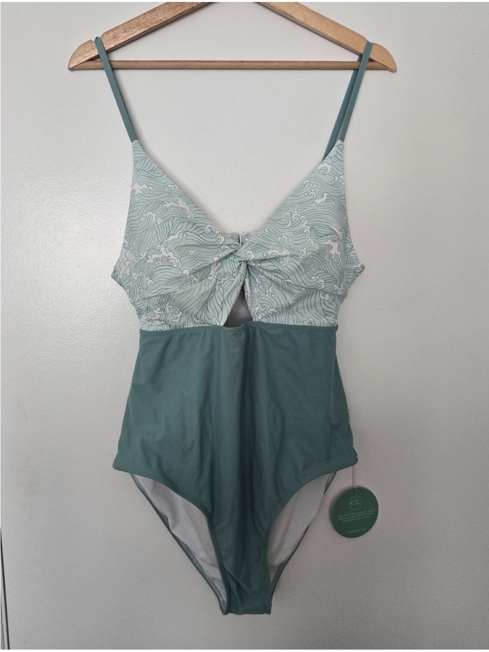 Caden Lane Sage Green Wave-Print One-Piece Swimsuit